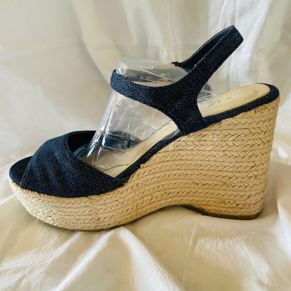 Denim Jute Wedge Ankle Strap Open Toe Espadrille Sandals - Picture 5 of 12
